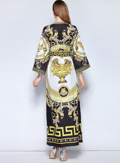 Ethnic Black Printing Long Sleeve Maxi Dress